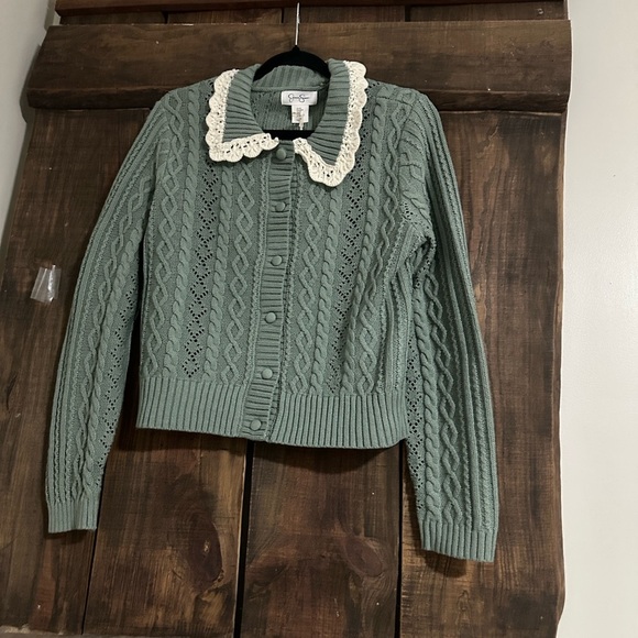 Green Cable Knit Cardigan with Lace Collar - Picture 4 of 4